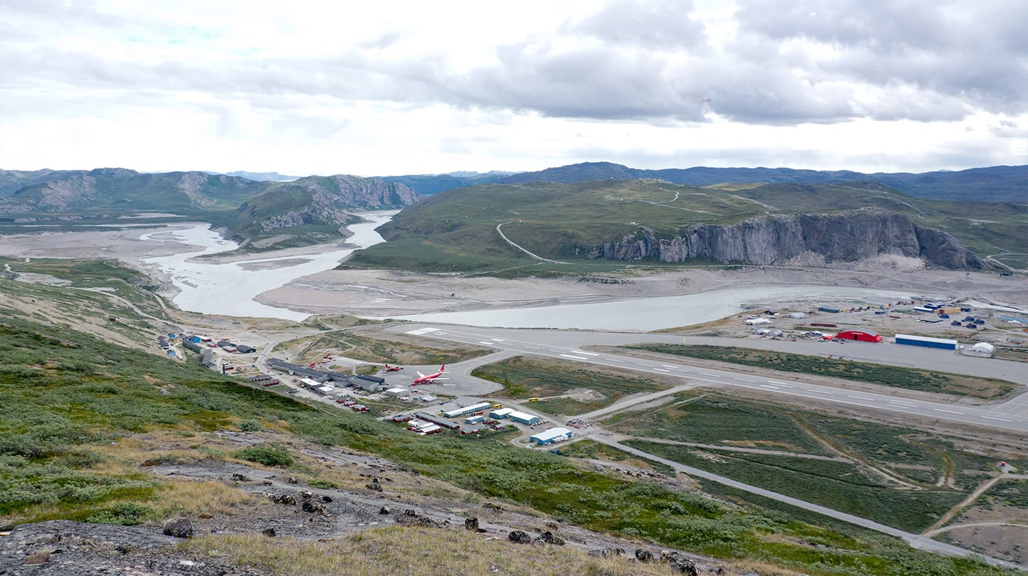 Kangerlussuaq, dominated by the international airport, with the ice sheet just beyond the horizon.