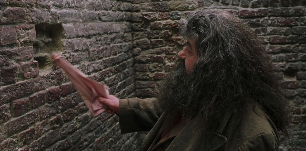 Harry Potter's Hagrid: unlocking secret passageways, one pink umbrella at a time.
