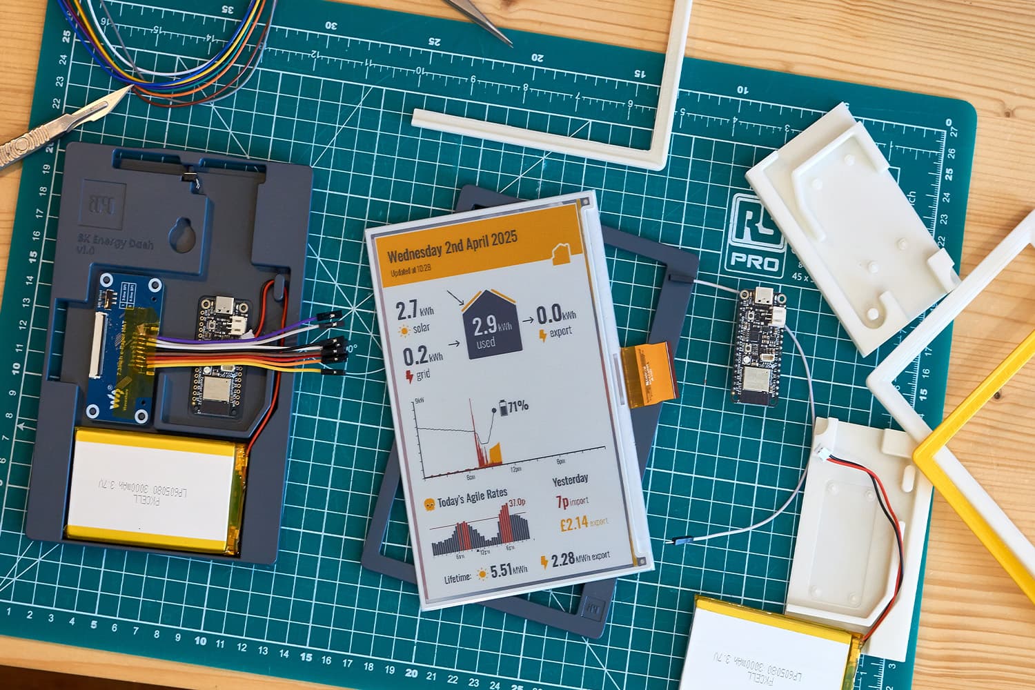 Aerial view of different casing ideas and hardware for the e-paper dashboard