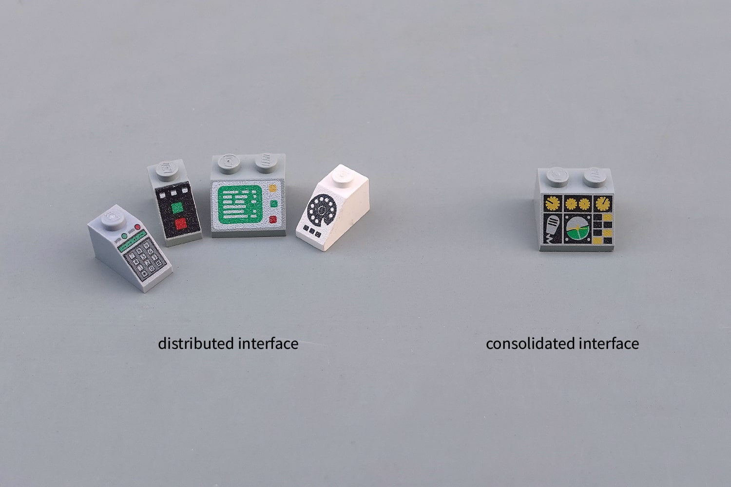 Lego vehicle dashboard: distributed (left) vs. consolidated (right)